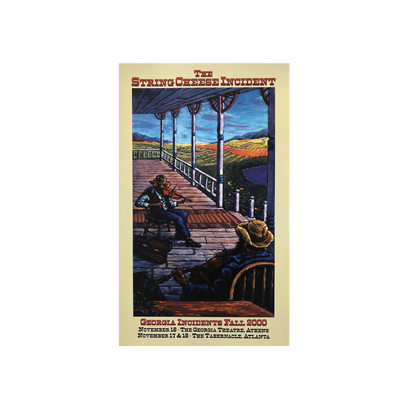 Limited edition 2000 Fall Incidents Georgia Poster featuring a serene porch scene with a musician playing fiddle, overlooking colorful autumn farmland at sunset. The scene is framed by decorative porch columns against a deep blue sky, capturing a nostalgic Southern atmosphere.