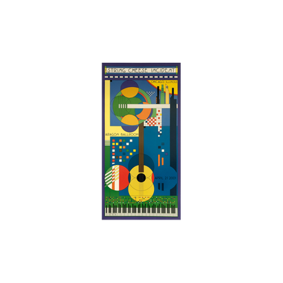 2001 Aragon Ballroom Poster featuring abstract geometric art design with a yellow acoustic guitar, piano keys, and cityscape in vibrant blues and greens, commemorating The String Cheese Incident concert in Chicago.