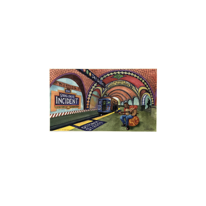 2001 NYC Subway Poster featuring a vibrant illustration of a subway station platform with ornate tiled arches, approaching train, and musical instruments. The String Cheese Incident band name appears on a station sign, with colorful Art Nouveau-inspired details throughout the tunnel design by Christopher Peterson.