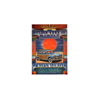 2001 Wiltern Theater Poster featuring vintage-style artwork with a classic wooden station wagon against a vibrant orange sunset, surrounded by ornate art deco-inspired borders in red and blue tones, designed by Michael Everett for The String Cheese Incident concert.