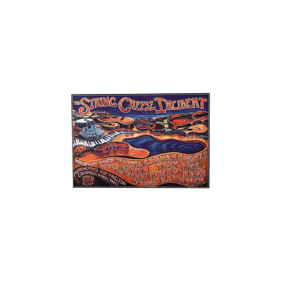 2002 Merriweather Post Pavilion poster featuring a psychedelic art design with floating musical instruments including guitars, violins, and piano keys against a dreamy blue and orange sunset backdrop, with stylized band name String Cheese Incident in curved lettering