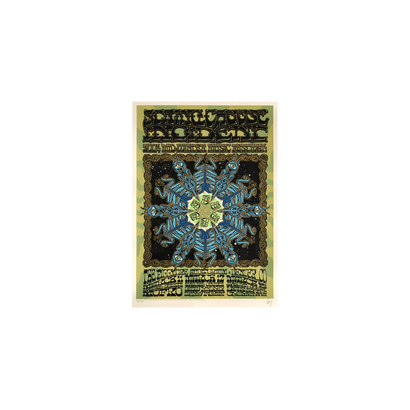 2004 Mid Winter Music Festival Poster featuring a vibrant blue and green mandala-like snowflake design on a dark background, with intricate border details and event text. Limited edition art print by Old School Poster showcasing String Cheese Incident performance at Drowning Creek Studio.