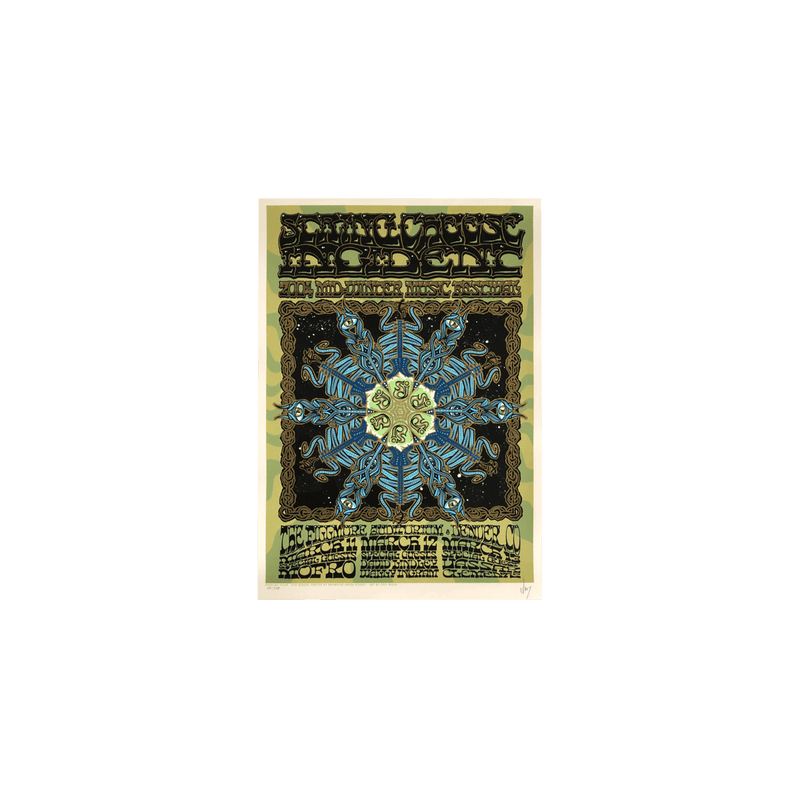 2004 Mid Winter Music Festival Poster featuring a vibrant blue and green mandala-like snowflake design on a dark background, with intricate border details and event text. Limited edition art print by Old School Poster showcasing String Cheese Incident performance at Drowning Creek Studio.