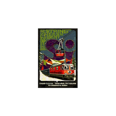 2004 Swiss Incidents Poster featuring a psychedelic art design with a red mountain tram against a deep green background. Bold vintage-style concert artwork shows Casino-Kursaal venue in Interlaken with vibrant purple circular elements and stylized text in green.