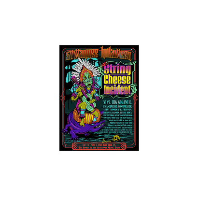 2013 Suwannee Poster featuring psychedelic art with a colorful mystical figure floating above a pumpkin, surrounded by vibrant lettering for String Cheese Incident's Hulaween concert. Design showcases swirling patterns in orange, purple, and green against a dark background.