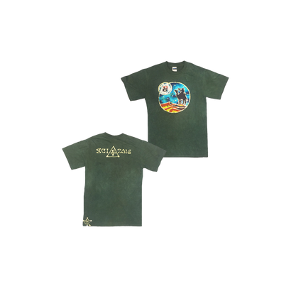 2016 Seeker Batik t-shirt in forest green featuring a circular desert landscape design with geometric elements on front, SCI 2016 text on back, highlighting The String Cheese Incident's limited edition merchandise