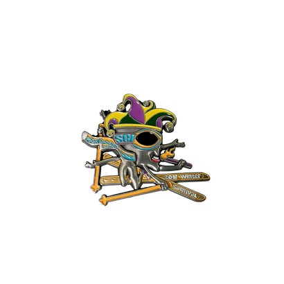 2017 Winter Carnival Tour Pin featuring a whimsical jester character on skis, wearing a colorful yellow, green, and purple hat, set against crossed metallic ski poles in a stylized design with silver and gold tones