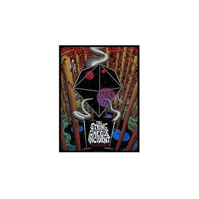 2017 St. Paul Poster featuring a geometric black crystal design with silver smoke trails and red orbs, set against a background of ornate wooden pillars and mystical forest elements in rich browns and vibrant blues. Psychedelic art style with intricate details and surreal imagery.