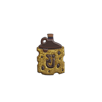 2018 Atlanta & Asheville Jug Enamel Pin featuring a brown ceramic jug design with glittery gold texture background, commemorating The String Cheese Incident shows. The pin displays a decorative striped top and artistic hole patterns in the design.