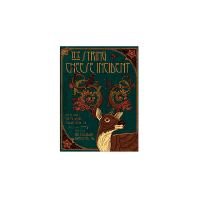 2018 Worcester/Philly Poster featuring an Art Nouveau-styled illustration of a deer with ornate spiral antlers against a deep green background. The String Cheese Incident text appears in golden art deco lettering with decorative floral corner elements.