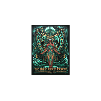 2019 Dillon, CO Poster featuring a mystical turquoise and copper art deco design with a symmetrical winged figure against mountain scenery, created for The String Cheese Incident performance at Dillon Amphitheater, showcasing intricate linework and geometric patterns.