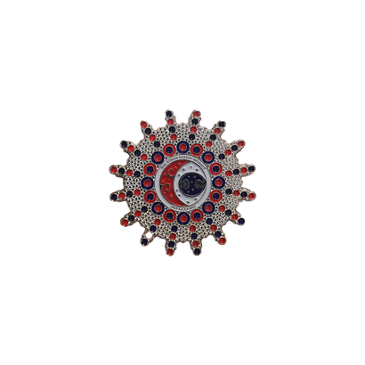 2019 July 4th Weekend Pin featuring a starburst design in patriotic red, white, and blue colors with intricate circular patterns, silver accents, and a deep blue center, arranged in a detailed concentric sunburst pattern.