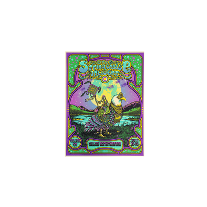 2021 Summer Tour Dillon CO Poster featuring psychedelic artwork with a colorful peacock-like bird against a vibrant mountain landscape, framed by art nouveau-style borders in purple and green. Created by Matt Leunig for The String Cheese Incident concert at Dillon Amphitheater.