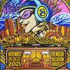 2021 Mission Ballroom Thanksgiving Poster featuring vibrant psychedelic artwork with DJ character, Denver skyline, pumpkins, and retro audio console design in bold blue, yellow, and orange colors. November 24-26 event date displayed in dynamic typography.