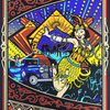 2021 NYE Chicago 12/30/21 Poster featuring vibrant Art Deco-style illustration with a festive 1920s scene, showcasing a figure in a yellow flapper dress, vintage car, and dancing silhouettes against a colorful geometric background with ornate border details.