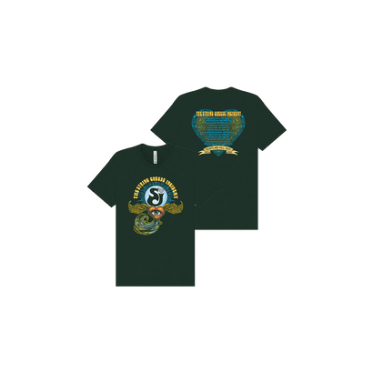 SCI 2024 Fall Tour Tee featuring front and back views of dark green t-shirt with psychedelic heart-eye design and tour dates. Custom artwork by Paul Dempsey shows winged heart motif in turquoise and gold on premium Bella Canvas cotton shirt.