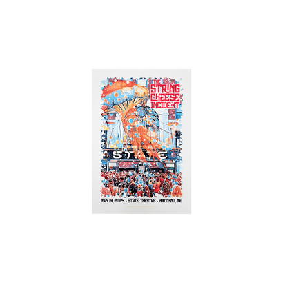 2024 Portland ME Poster featuring a vibrant artistic scene at the State Theater with floating jellyfish and bubbles in orange and blue tones, showcasing a whimsical crowd gathering below the iconic venue marquee, hand-signed by artist JT Lucchesi