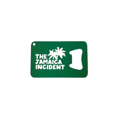 Jamaica Incident 2022 Bottle Opener in bright green credit card size, featuring white palm tree logo and bottle opener cutout. Durable stainless steel wallet-friendly design with clean white text on emerald background.