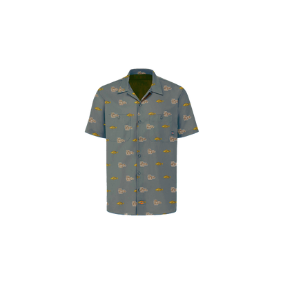 Jamaica Incident 2022 Button Up shirt in gray featuring a repeating pattern of yellow and orange abstract designs. Short-sleeve button-down with all-over custom String Cheese Incident print in a casual, festival-ready style.