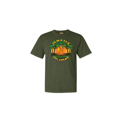 Jamaica Incident 2022 Sunrise T-Shirt featuring a vibrant circular design with palm trees and rising sun in orange and green on an olive green comfort colors t-shirt. The design includes tropical elements and band-related graphics in a festive Caribbean style.