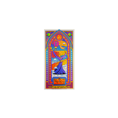 SCI NYE '22 12/29 Poster featuring vibrant stained glass-style artwork with a cosmic theme, displaying a blue wizard figure amid celestial elements in pink, orange, and yellow, framed by an ornate Gothic arch design with decorative borders