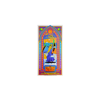 SCI NYE '22 12/30 Poster featuring vibrant stained glass-style artwork with medieval-inspired design. A blue figure holds a yellow disc against ornate gothic arches in bright orange, blue, and purple colors. Limited edition concert poster by Nate Gonzalez for Mission Ballroom event.