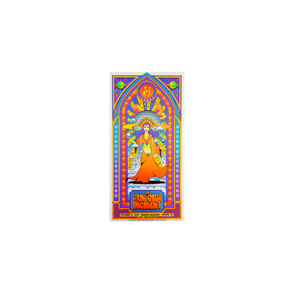 SCI NYE '22 12/31 Poster featuring vibrant stained glass-style artwork with orange and blue gothic arch frame, depicting a mystical figure in flowing orange robes against a celestial background, designed by Nate Gonzalez for the Mission Ballroom New Year's Eve celebration