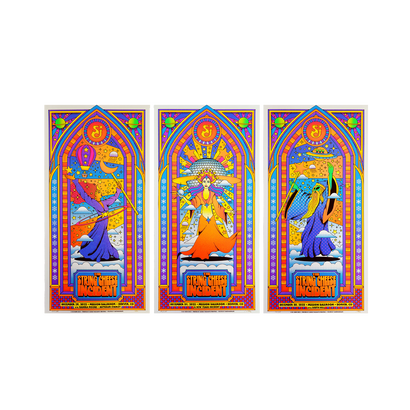 SCI NYE '22 Poster Set featuring three vibrant gothic-style posters with cosmic illustrations in bright orange, blue, and purple. Each panel displays ornate stained glass-inspired designs with dancing figures in flowing robes under arched frames and celestial motifs.