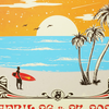 2022 Wilmington NC Poster featuring a tropical beach sunset scene with palm trees, ocean waves, and a surfer silhouette against an orange sky. Musical notes float in the air, reflecting The String Cheese Incident concert at Greenfield Lake Amphitheater. Art by Tom Shaw with vintage-style design and beach motif.