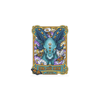 SCI Dillon, July 11-12 2023 Poster featuring an artistic turquoise ram head surrounded by colorful daisies and butterflies in an ornate gold art nouveau frame. A whimsical psychedelic concert poster design with floral accents and decorative details.