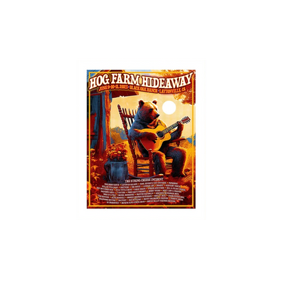 SCI Hog Farm Hideaway 2023 Poster featuring a brown bear sitting in a rocking chair playing acoustic guitar against a warm sunset backdrop on a ranch, illustrated in vibrant orange and golden hues, created by Home Team Graphics.