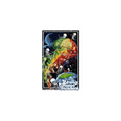 2023 Jamaica Incident Poster featuring a psychedelic space illustration with jellyfish-like creatures floating around a colorful cosmic trail against a starry black background, handprinted in vibrant green, orange and blue tones with distressed vintage effect