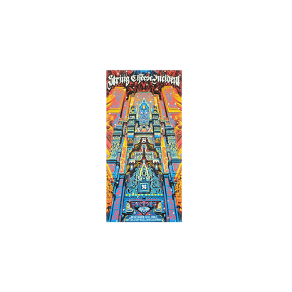 Limited edition String Cheese Incident New Years Eve 2023 concert poster featuring a vibrant psychedelic architectural design in blue and orange, with ornate geometric patterns and symmetrical towers rising vertically against a warm-colored background.