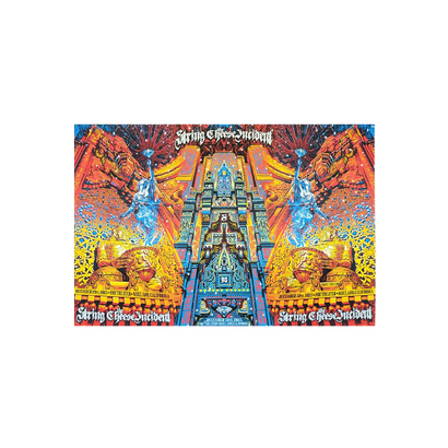 SCI New Years 2023 Poster Set featuring a vibrant psychedelic art design with symmetrical patterns in blue, orange, and yellow tones. The central image shows an architectural structure with intricate details, surrounded by mirrored abstract designs and geometric elements, creating a kaleidoscopic effect.