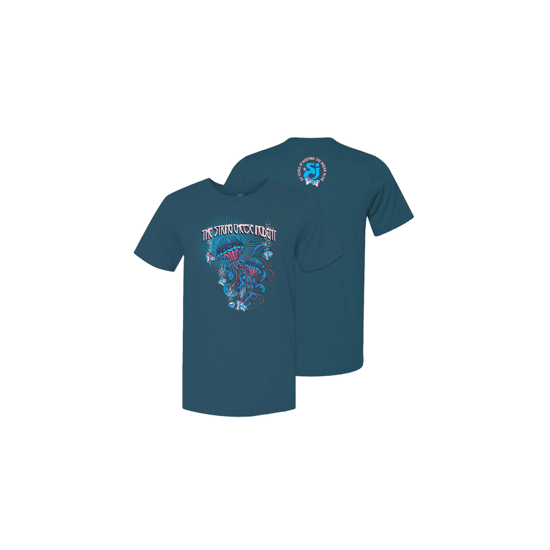 SCI 30th Anniversary Short Sleeve Tee featuring vibrant purple and blue artistic design on deep teal cotton fabric, with band logo on front and small circular emblem on upper back, displaying classic Bella Canvas comfort fit style