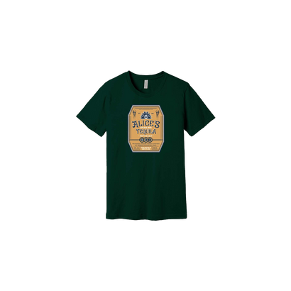 SCI Alice's Tequila Tee featuring a vintage-style tequila label design in yellow and gold on a forest green cotton t-shirt. The graphic shows a decorative bottle label with Alice's Tequila branding centered on the chest.