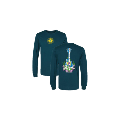 SCI Aspen Mandolin Long Sleeve shirt in deep teal featuring a vibrant yellow sun design on front and colorful mandolin artwork with floral elements on back, perfect for String Cheese Incident fans and concert-goers