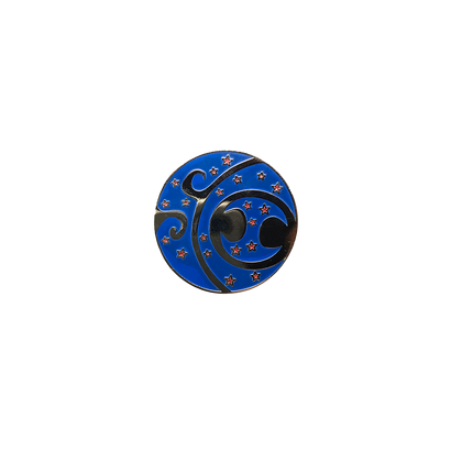 Blue Star Pin featuring The String Cheese Incident's iconic circular logo in vibrant blue enamel with scattered orange stars and curved black lettering, displayed on a round metal pin against a white background