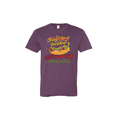 NYE Chicago Style t-shirt featuring a colorful illustration of a Chicago-style hot dog with The String Cheese Incident band logo on a purple Alternative Apparel shirt, commemorating NYE 2021 concert merchandise