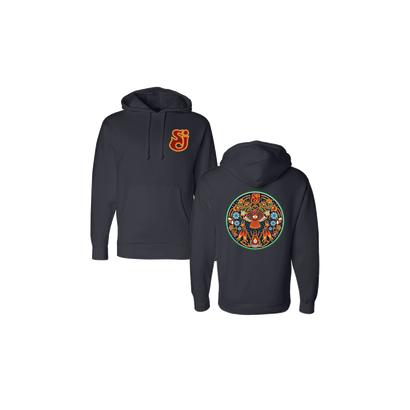 Navy Circle of Life Hoodie featuring vibrant orange SCI logo on front chest and colorful circular mandala-style artwork on back, showcasing psychedelic design elements in green, orange, and red tones. Pullover style with drawstring hood and kangaroo pocket.