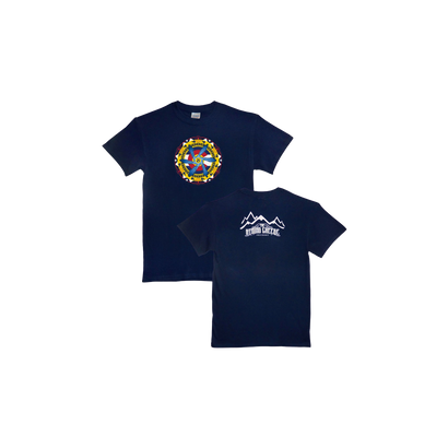 Colorado Mandala T-Shirt featuring a vibrant geometric mandala design in Colorado flag colors on navy blue cotton. Front displays colorful mandala pattern, while back shows white mountain silhouette and banner logo. Classic fit Gildan t-shirt perfect for Colorado pride.