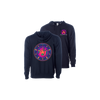 SCI Cryptic Logo Hoodie in navy blue featuring front and back graphics with vibrant pink and purple circular logo design. Front displays large mystical emblem while back shows smaller matching logo, shown on cozy pullover style with drawstring hood.