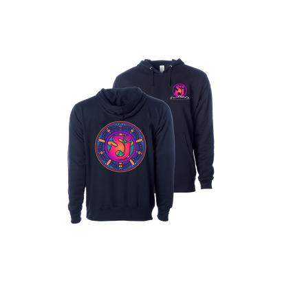 SCI Cryptic Logo Hoodie in navy blue featuring front and back graphics with vibrant pink and purple circular logo design. Front displays large mystical emblem while back shows smaller matching logo, shown on cozy pullover style with drawstring hood.