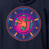 SCI Cryptic Logo Hoodie featuring a vibrant circular mandala design with psychedelic colors of pink, orange, purple, and blue. The center displays a stylized 'SI' logo surrounded by intricate geometric patterns on a navy blue hoodie background.