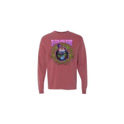 SCI Electric Mando Long Sleeve featuring a mauve-colored cotton shirt with a vibrant psychedelic design of an electric mandolin surrounded by green leafy patterns and purple text graphic against a circular background