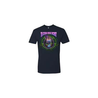 SCI Electric Mando Short Sleeve t-shirt featuring a vibrant psychedelic design with a metallic blue mask surrounded by green tendrils and purple text on a black cotton shirt. Official String Cheese Incident merchandise with artistic cosmic theme.