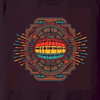 SCI EST '93 features a vibrant, mandala-style design with radiating lines and geometric patterns in turquoise, orange, and yellow on an oxblood t-shirt. The artwork centers around a stylized circular emblem with tribal-inspired decorative elements.