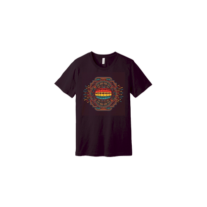 SCI EST '93 t-shirt featuring a vibrant geometric design with rainbow colors and intricate tribal patterns on an oxblood Bella + Canvas shirt. The circular artwork showcases ornate detailing and custom band lettering in a festival-inspired style.