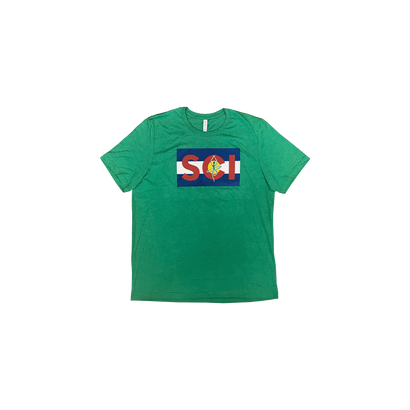 SCI Flag Tee featuring bold red and white SCI text on navy blue background with yellow flame logo, printed on a bright green cotton t-shirt. Classic crew neck design with short sleeves and comfortable fit.