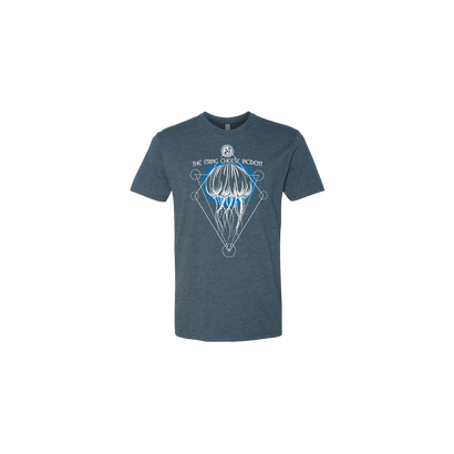 Grey/green Geo Jelly t-shirt featuring The String Cheese Incident geometric jellyfish design in white and light blue on soft Ringspun Cotton. Artistic geometric logo centered on heathered grey unisex shirt with crew neck and short sleeves.